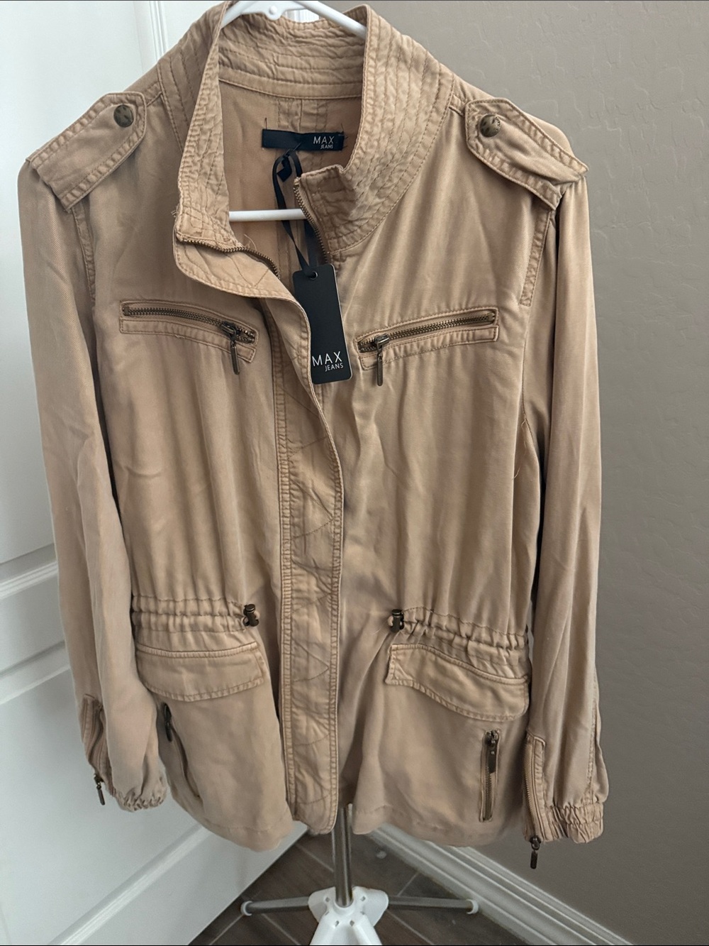 Max Studio Beige Utility Jacket with Zip Pockets
